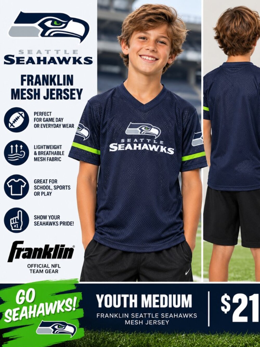 Seattle Seahawks Franklin Mesh Jersey – Youth Medium